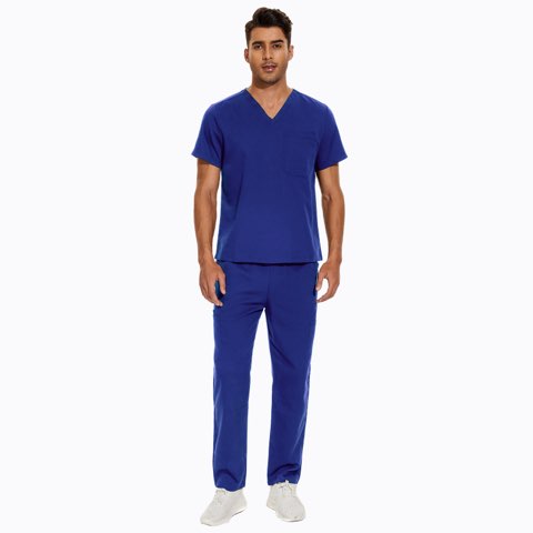 A male model wearing a royal blue medical scrub set consisting of a V-neck short-sleeved top and matching pants.