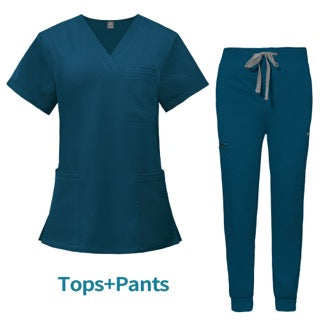 Teal blue women's medical scrub set with a V-neck top and jogger-style pants