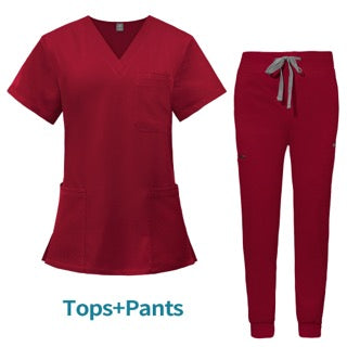 Burgundy women's medical scrubs set with V-neck top and jogger pants.nd