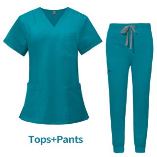 A teal-colored women's medical scrub set, consisting of a v-neck short-sleeved top with two pockets and a pair of jogger-style pants with a drawstring waist and multiple pockets.