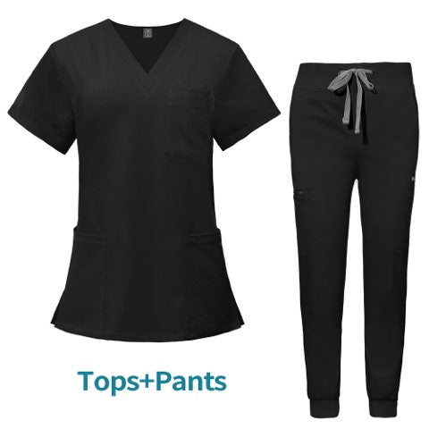 A black women's scrub set, featuring a V-neck top and jogger-style pants with a drawstring waist. The text "Tops + Pants" is displayed below the set.