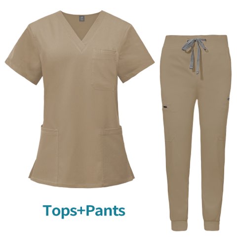 A khaki women's scrub set, featuring a V-neck short-sleeve top with two pockets and jogger-style pants with a drawstring waist and multiple pockets.