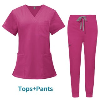 A pink women's scrub set, featuring a V-neck top with two pockets and jogger-style pants with a drawstring waist.