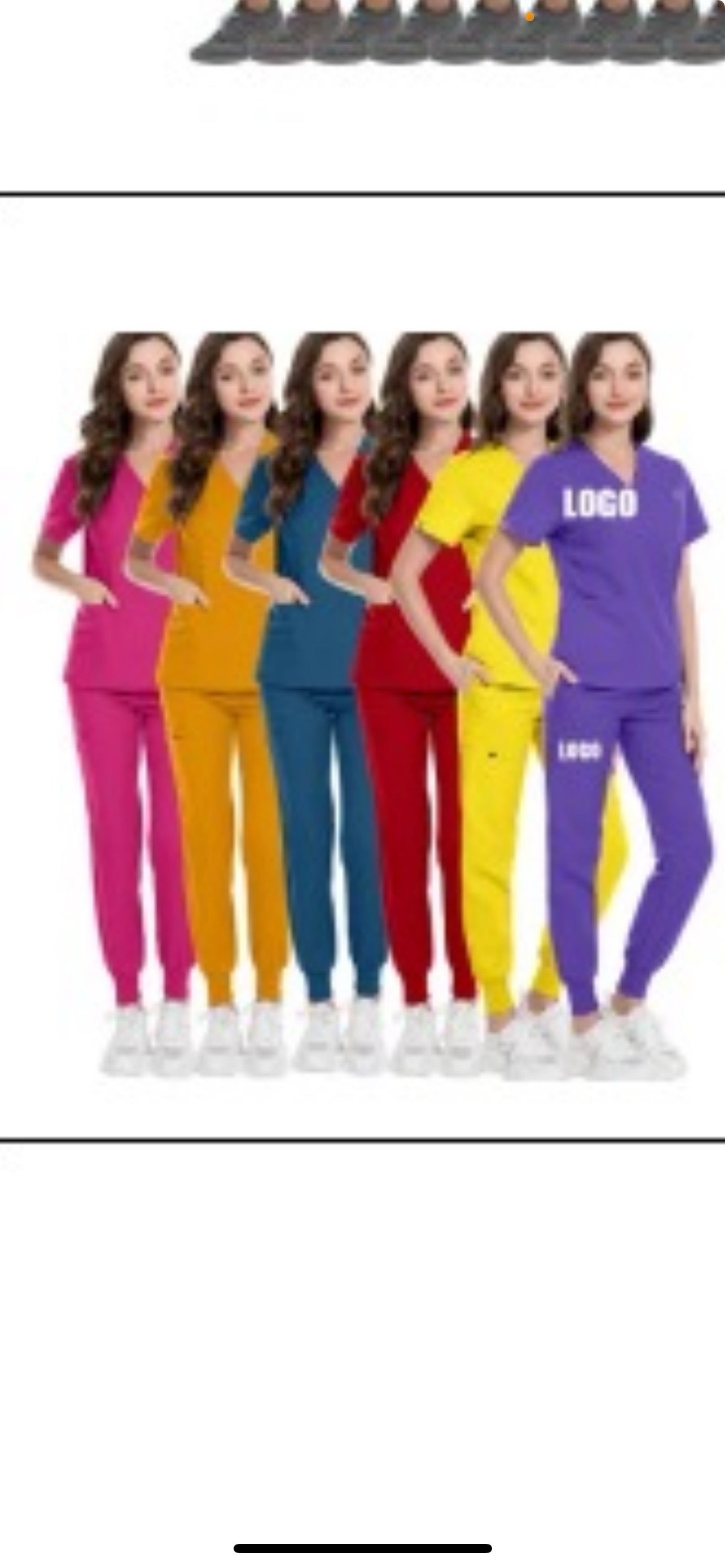 A group of women are modeling different colored scrub sets, including pink, yellow, blue, red, and purple.